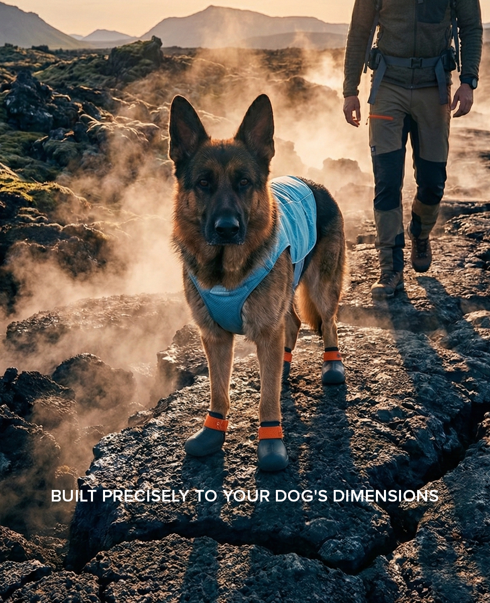 Hiking with Custom German Shepherd dog shoes