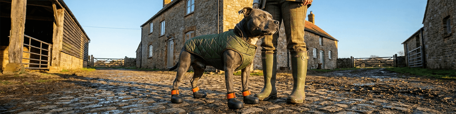 Staffordshire bull terrier wearing Bark & Sole custom dog shoes on a country yard