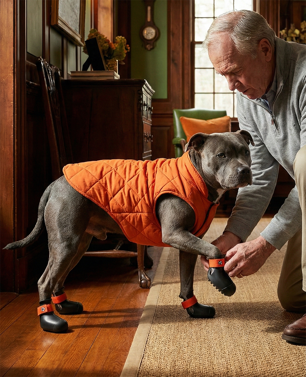 Staffordshire bull terrier putting on custom winter dog shoes