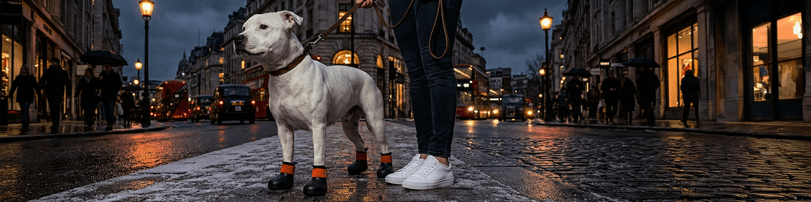 Staffordshire bullterrier in BARK & SOLE custom dog shoes 