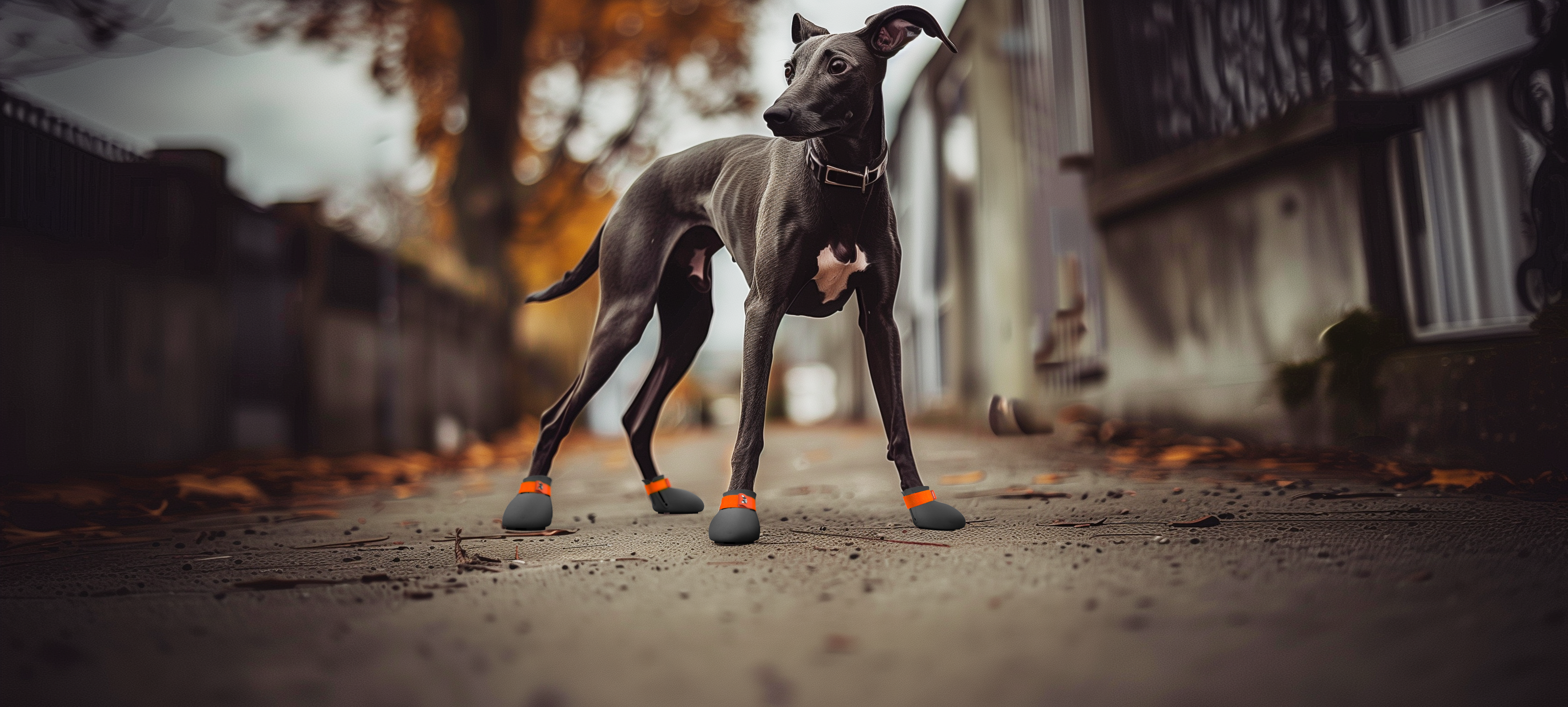 Whippet wearing custom made dog shoes in a gravel road