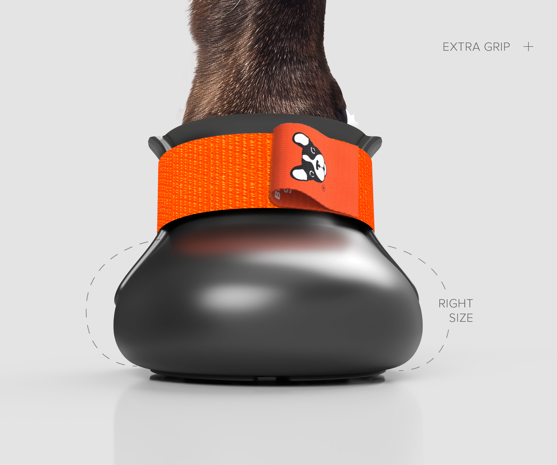 Custom made winter traction dog shoe front view. Rubber inserts in the bottom to prevent slipping and sliding.